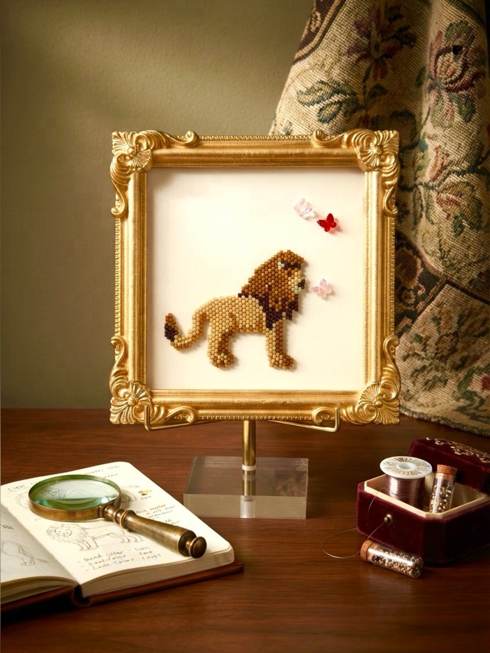 Framed beaded lion with crystal butterflies - safari or nursery decor - Picture 3 of 8